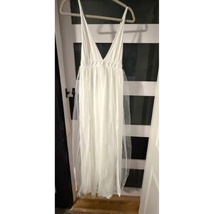 OrderPlus White Tulle Maxi Dress V-Neck Backless Bridal Photoshoot White L